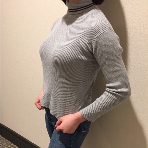 Gray Ribbed Turtleneck w/ Brown Striped Collar - Picture 4 of 6